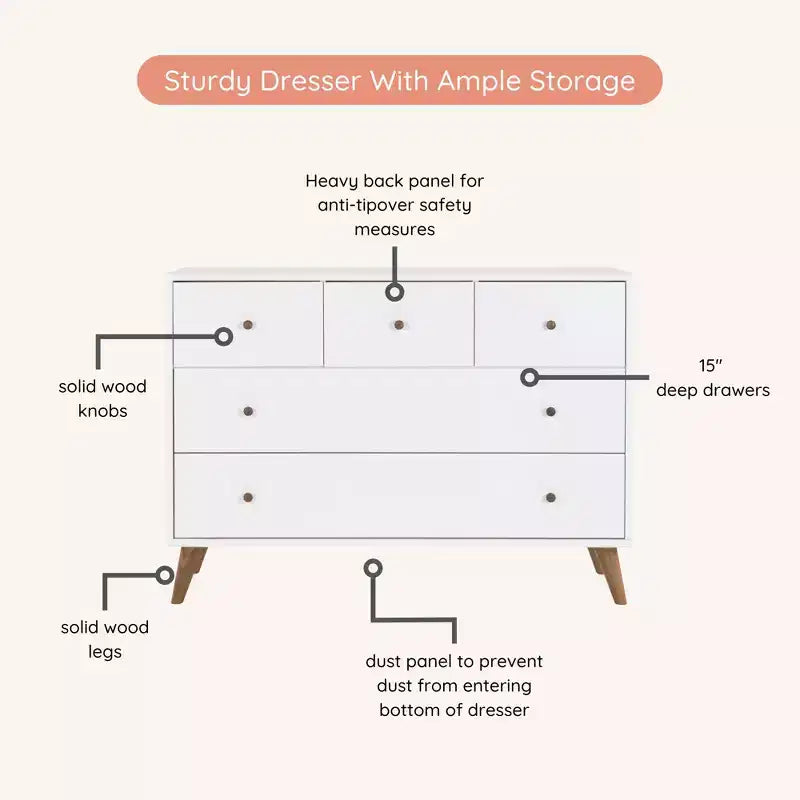Commode à 5 tiroirs pour chambre de bébé (blanc + chêne rouge)