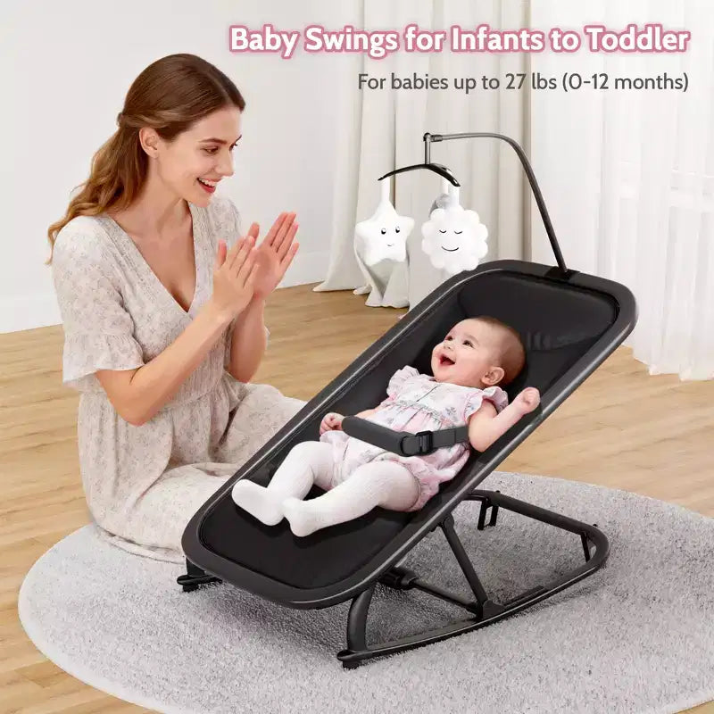Columpio ajustable de 3 posiciones para bebés, mecedora infantil con estructura de aluminio y barra de juguetes, balanceo hacia delante y atrás y modo fijo con bloqueo