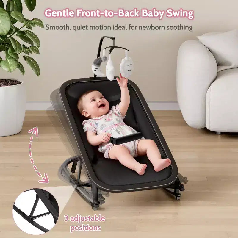 Columpio ajustable de 3 posiciones para bebés, mecedora infantil con estructura de aluminio y barra de juguetes, balanceo hacia delante y atrás y modo fijo con bloqueo