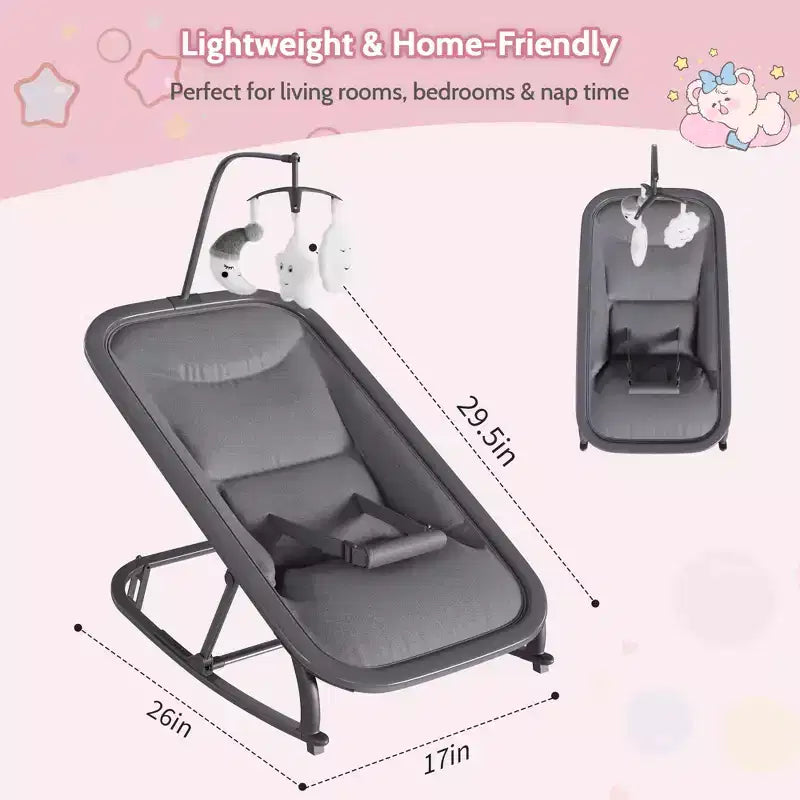 Columpio ajustable de 3 posiciones para bebés, mecedora infantil con estructura de aluminio y barra de juguetes, balanceo hacia delante y atrás y modo fijo con bloqueo