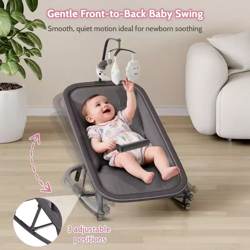Columpio ajustable de 3 posiciones para bebés, mecedora infantil con estructura de aluminio y barra de juguetes, balanceo hacia delante y atrás y modo fijo con bloqueo