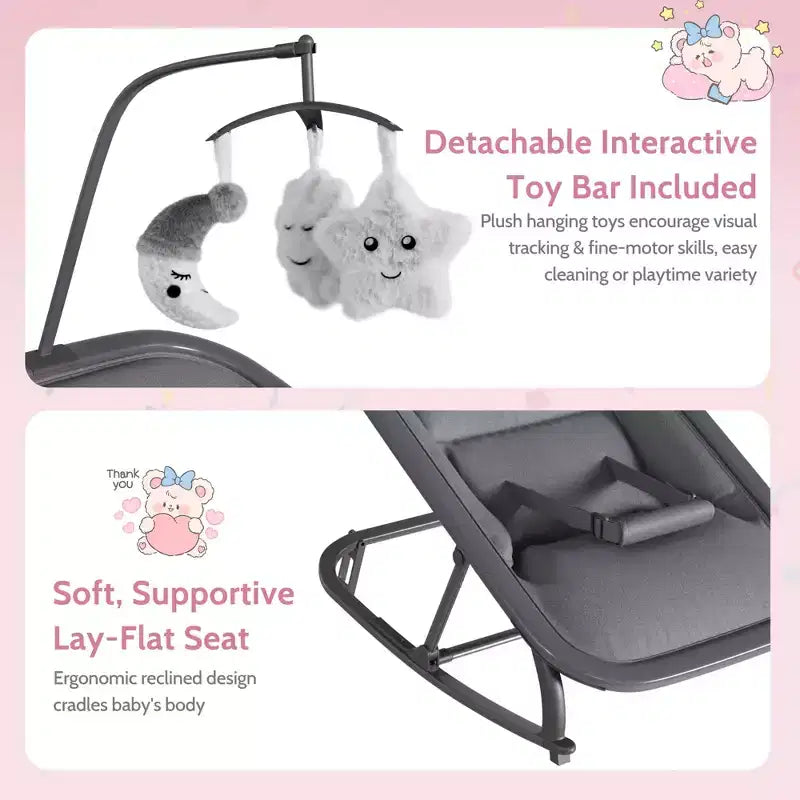 Columpio ajustable de 3 posiciones para bebés, mecedora infantil con estructura de aluminio y barra de juguetes, balanceo hacia delante y atrás y modo fijo con bloqueo