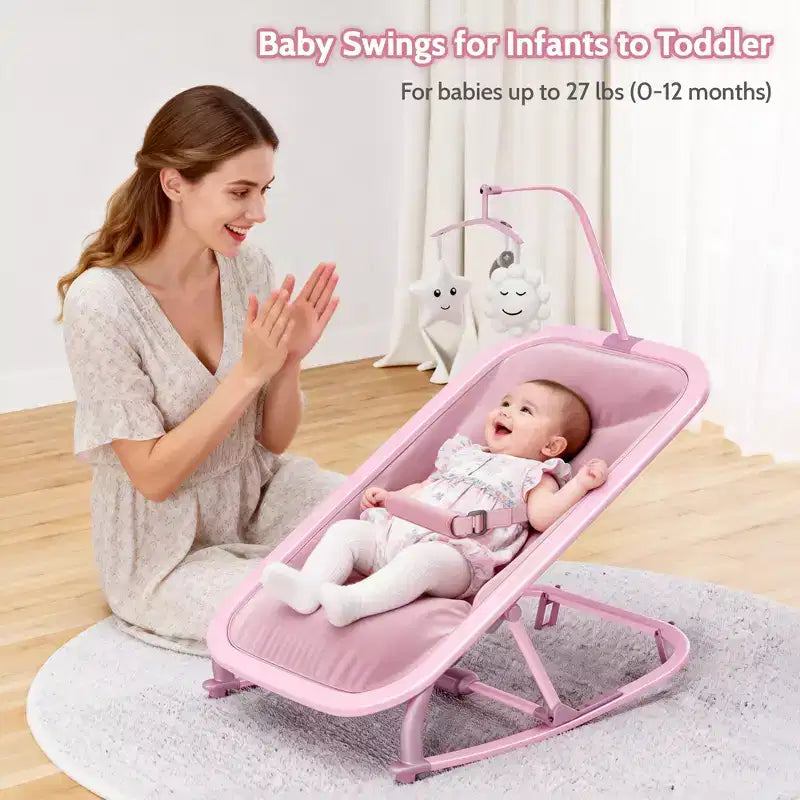 Columpio ajustable de 3 posiciones para bebés, mecedora infantil con estructura de aluminio y barra de juguetes, balanceo hacia delante y atrás y modo fijo con bloqueo