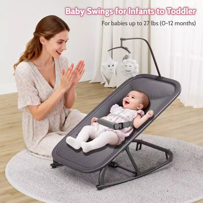 Babyschaukel mit 3 einstellbaren Positionen für Säuglinge, Wippe mit Aluminiumrahmen und Spielzeugbügel, Vor- und Zurückschaukeln sowie arretierbarer Standmodus