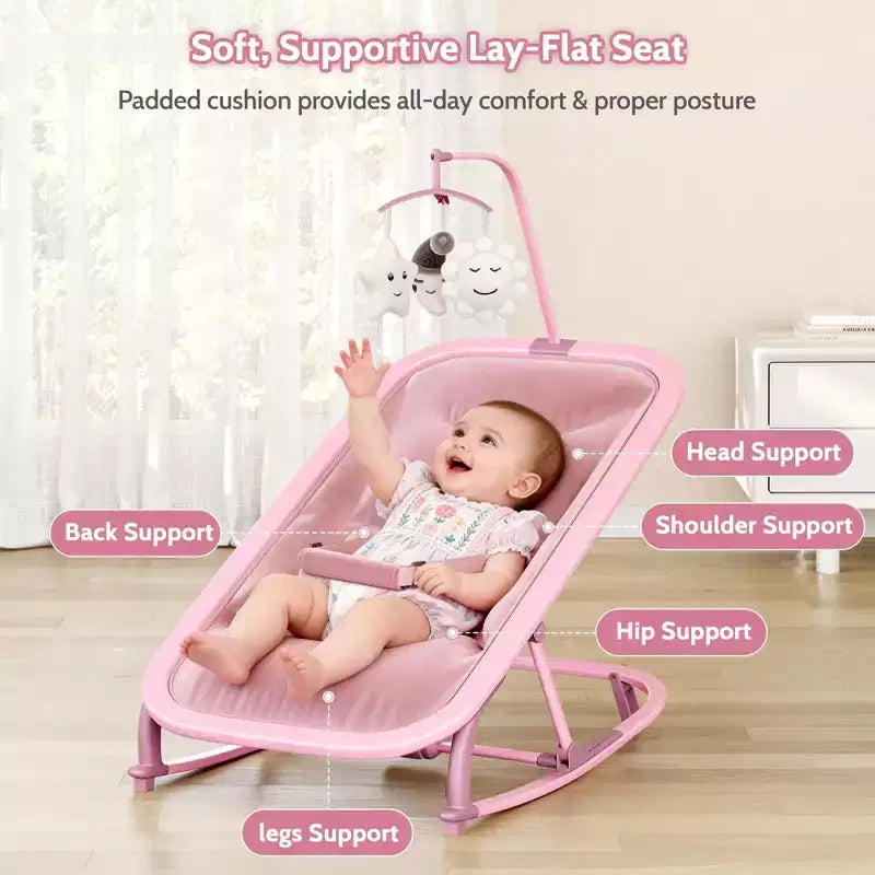Columpio ajustable de 3 posiciones para bebés, mecedora infantil con estructura de aluminio y barra de juguetes, balanceo hacia delante y atrás y modo fijo con bloqueo