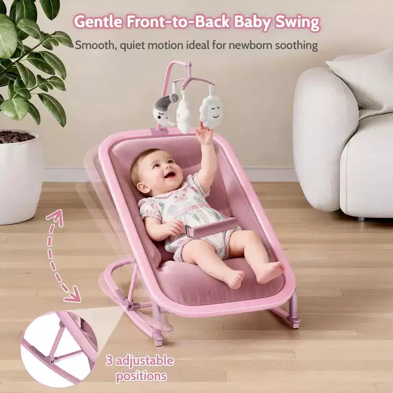 Columpio ajustable de 3 posiciones para bebés, mecedora infantil con estructura de aluminio y barra de juguetes, balanceo hacia delante y atrás y modo fijo con bloqueo