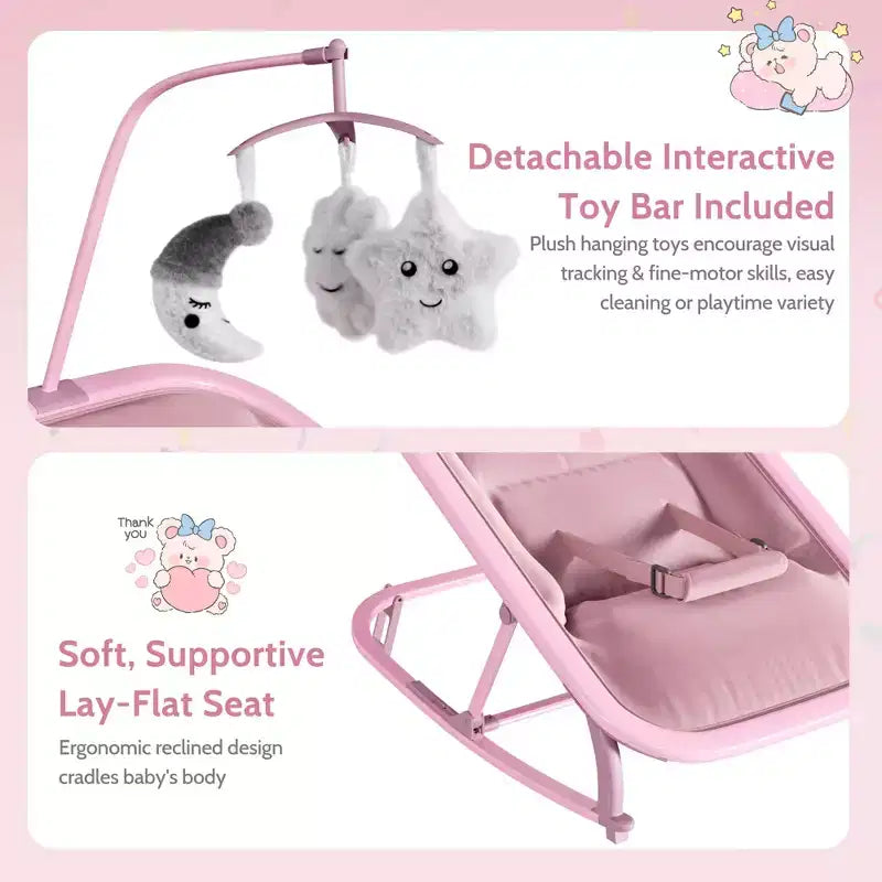 Columpio ajustable de 3 posiciones para bebés, mecedora infantil con estructura de aluminio y barra de juguetes, balanceo hacia delante y atrás y modo fijo con bloqueo