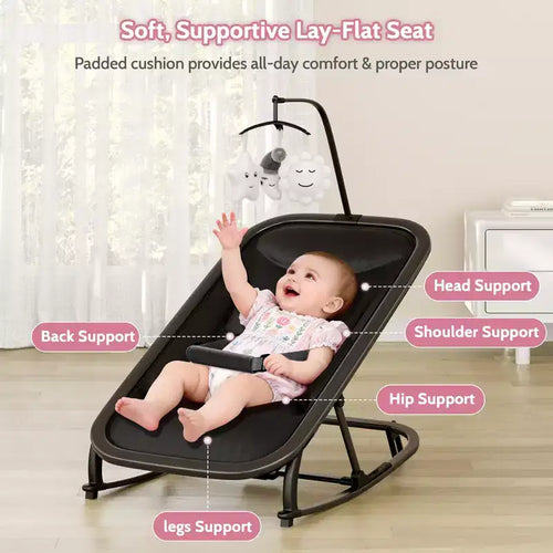 Babyschaukel mit 3 einstellbaren Positionen für Säuglinge, Wippe mit Aluminiumrahmen und Spielzeugbügel, Vor- und Zurückschaukeln sowie arretierbarer Standmodus