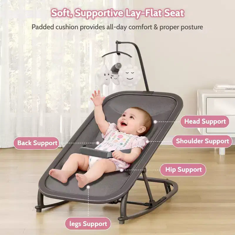 Columpio ajustable de 3 posiciones para bebés, mecedora infantil con estructura de aluminio y barra de juguetes, balanceo hacia delante y atrás y modo fijo con bloqueo