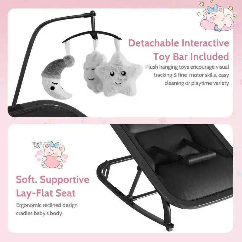 Columpio ajustable de 3 posiciones para bebés, mecedora infantil con estructura de aluminio y barra de juguetes, balanceo hacia delante y atrás y modo fijo con bloqueo