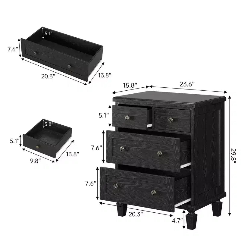 Cómoda de madera de 30 in con 4 cajones para dormitorio, cómoda vintage con patas cónicas y espacio de almacenamiento, negra