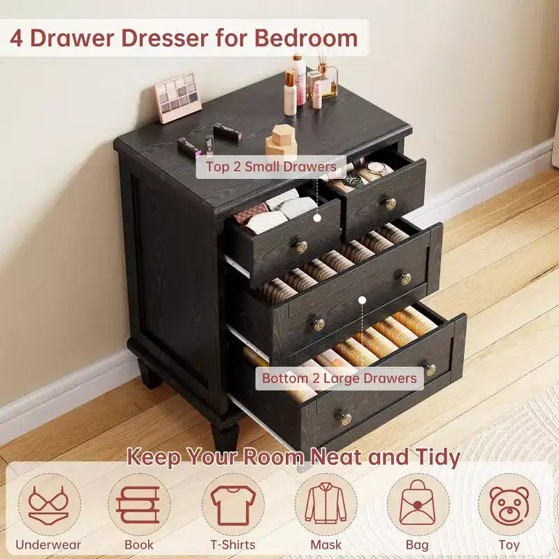 Cómoda de madera de 30 in con 4 cajones para dormitorio, cómoda vintage con patas cónicas y espacio de almacenamiento, negra