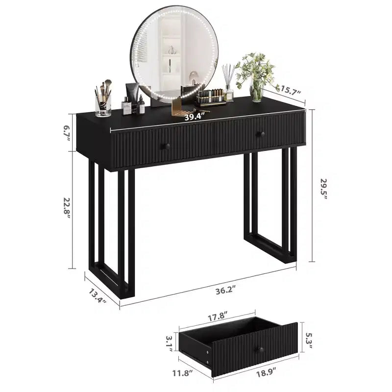 Tocador pequeño blanco de 40 pulgadas con espejo redondo HD iluminado, 3 colores de luz y brillo ajustable, tocador para dormitorio