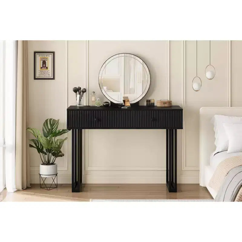 Petite coiffeuse blanche de 40 pouces avec miroir rond éclairé haute définition, 3 couleurs d’éclairage et luminosité réglable, coiffeuse pour chambre