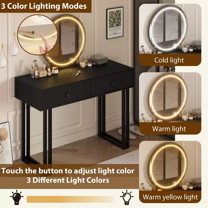Tocador pequeño blanco de 40 pulgadas con espejo redondo HD iluminado, 3 colores de luz y brillo ajustable, tocador para dormitorio