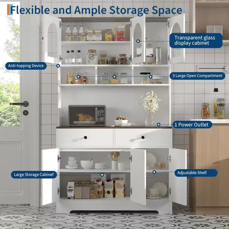 Garde-manger de cuisine de style champêtre de 71 avec portes vitrées, étagères ouvertes et tiroirs, meuble de rangement autoportant, blanc