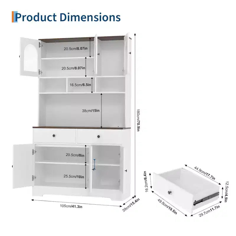 Garde-manger de cuisine de style champêtre de 71 avec portes vitrées, étagères ouvertes et tiroirs, meuble de rangement autoportant, blanc