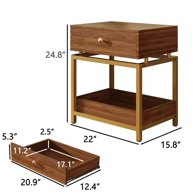 Beistelltisch mit Schublade und offenem Regal, 2-stufiger Sofabeistelltisch mit goldenem Metallgestell fürs Wohnzimmer, moderner Nachttisch fürs Schlafzimmer für