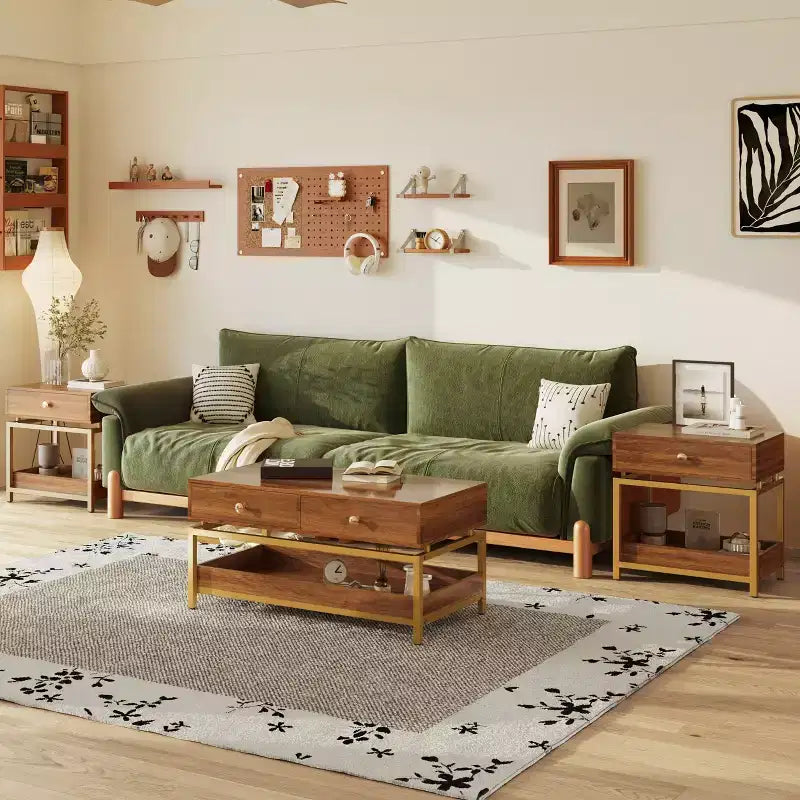 Beistelltisch mit Schublade und offenem Regal, 2-stufiger Sofabeistelltisch mit goldenem Metallgestell fürs Wohnzimmer, moderner Nachttisch fürs Schlafzimmer für