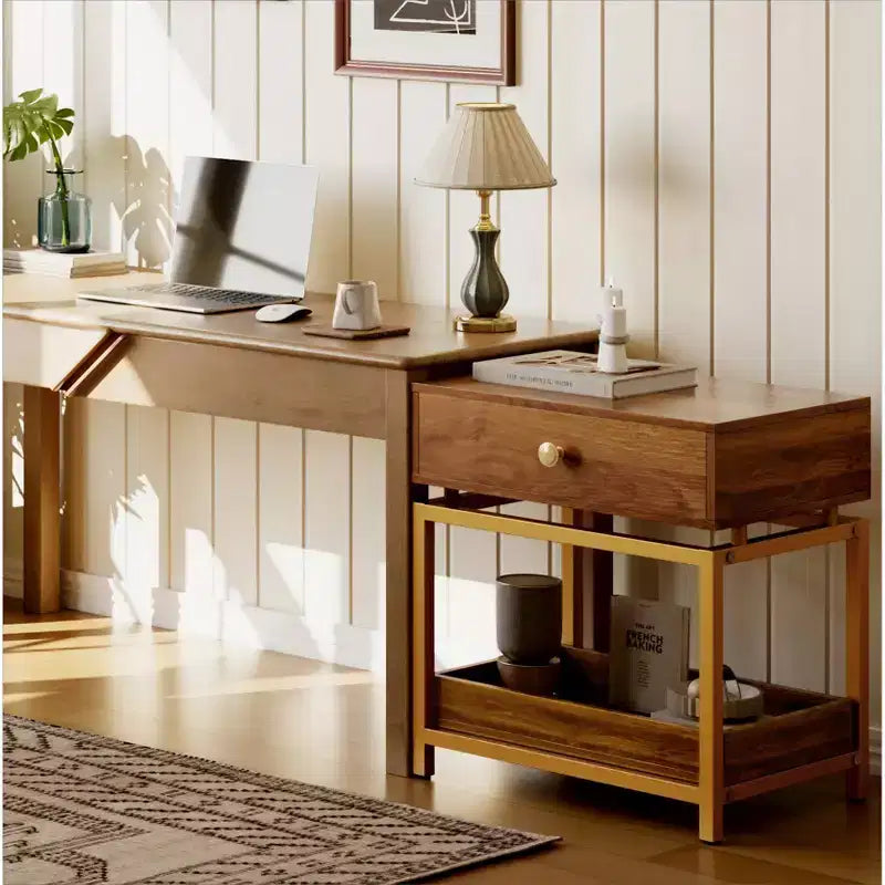 Bout de canapé avec tiroir et étagère ouverte, table d’appoint à 2 niveaux avec structure en métal doré pour le salon, table de chevet moderne pour...