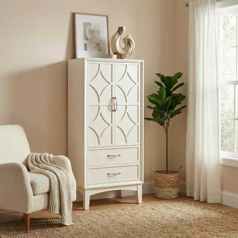 Alacena de cocina moderna de mediados de siglo de 53.5 de alto con puertas y cajones, blanco antiguo