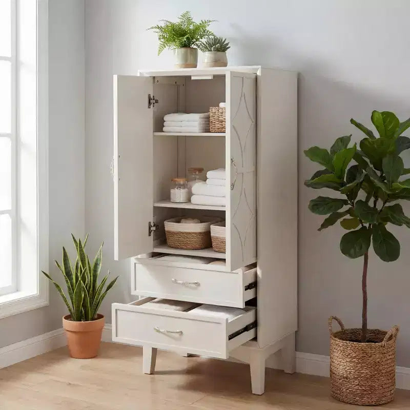 Alacena de cocina moderna de mediados de siglo de 53.5 de alto con puertas y cajones, blanco antiguo