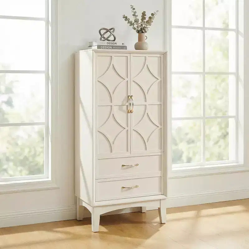 Alacena de cocina moderna de mediados de siglo de 53.5 de alto con puertas y cajones, blanco antiguo