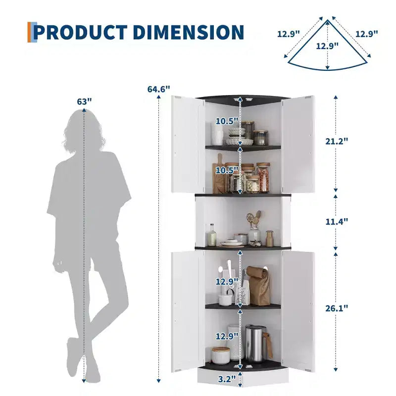 64.6 Eckschrank im Landhausstil mit LED-Beleuchtung und 7-farbiger Beleuchtung, hoher Aufbewahrungsschrank mit 5 Ebenen und 4 Scheunentüren, integrierte USB-Anschlüsse