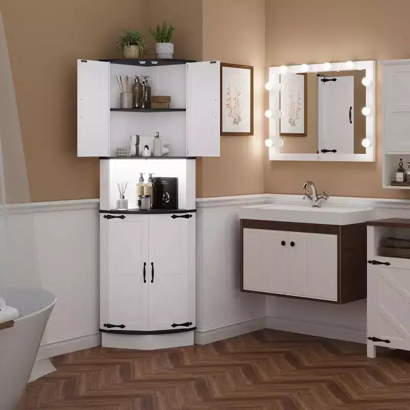 64.6 Eckschrank im Landhausstil mit LED-Beleuchtung und 7-farbiger Beleuchtung, hoher Aufbewahrungsschrank mit 5 Ebenen und 4 Scheunentüren, integrierte USB-Anschlüsse