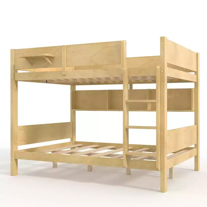 Litera con bandeja práctica, estructura de litera de madera maciza con estantes de almacenamiento y somier de láminas reforzado