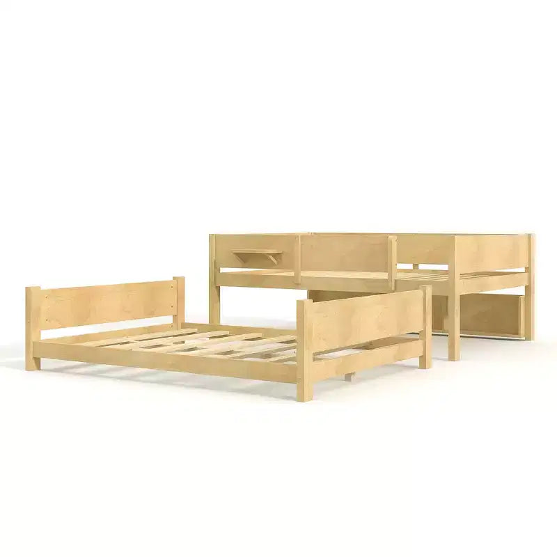 Litera con bandeja práctica, estructura de litera de madera maciza con estantes de almacenamiento y somier de láminas reforzado