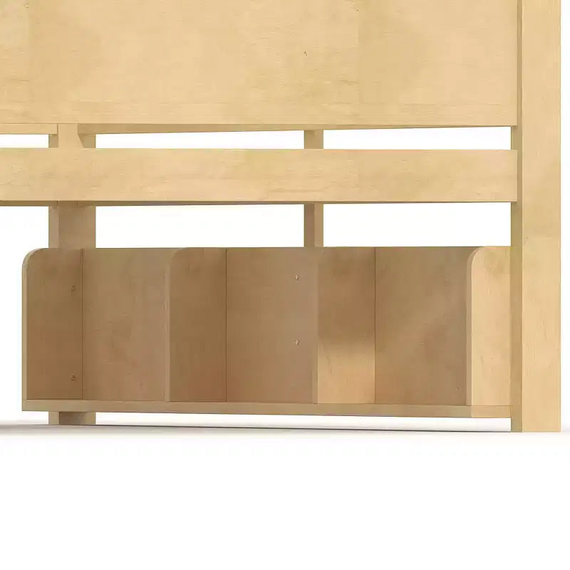 Litera con bandeja práctica, estructura de litera de madera maciza con estantes de almacenamiento y somier de láminas reforzado