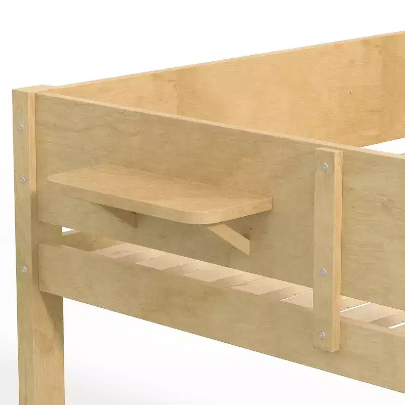 Litera con bandeja práctica, estructura de litera de madera maciza con estantes de almacenamiento y somier de láminas reforzado