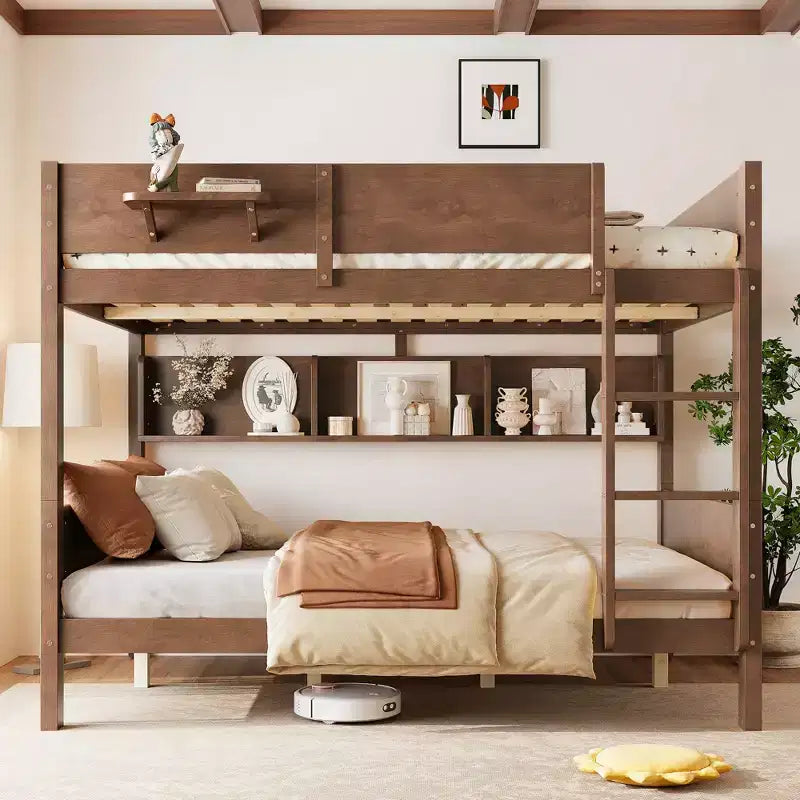 Litera con bandeja práctica, estructura de litera de madera maciza con estantes de almacenamiento y somier de láminas reforzado