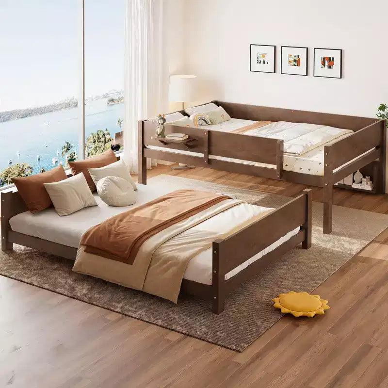 Litera con bandeja práctica, estructura de litera de madera maciza con estantes de almacenamiento y somier de láminas reforzado