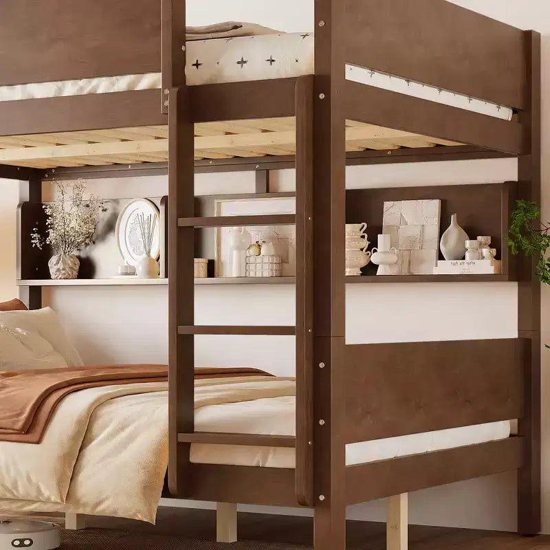 Litera con bandeja práctica, estructura de litera de madera maciza con estantes de almacenamiento y somier de láminas reforzado