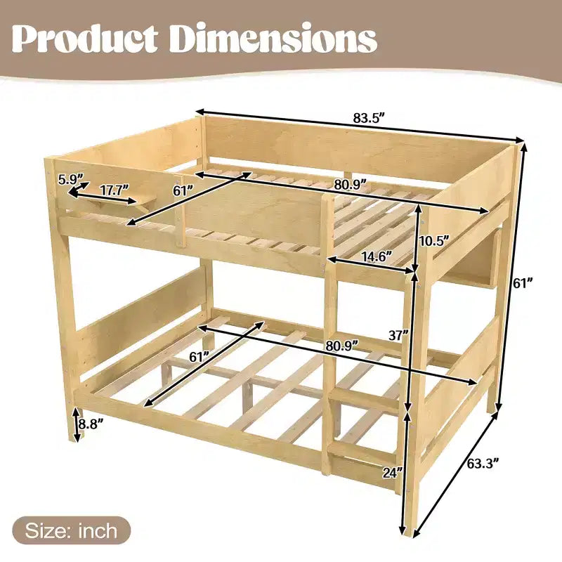 Litera con bandeja práctica, estructura de litera de madera maciza con estantes de almacenamiento y somier de láminas reforzado