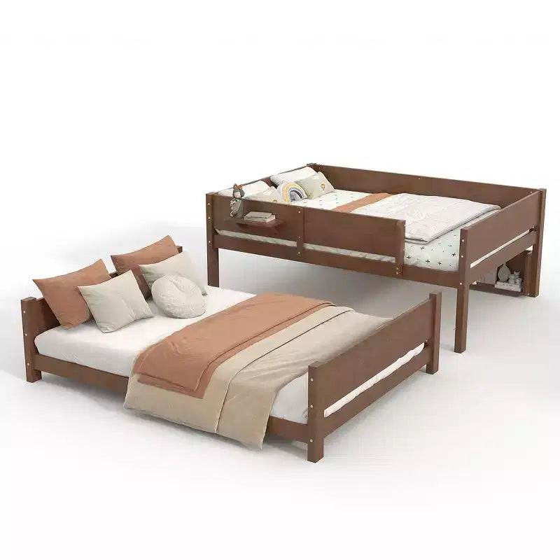 Litera con bandeja práctica, estructura de litera de madera maciza con estantes de almacenamiento y somier de láminas reforzado