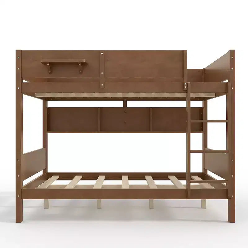 Litera con bandeja práctica, estructura de litera de madera maciza con estantes de almacenamiento y somier de láminas reforzado