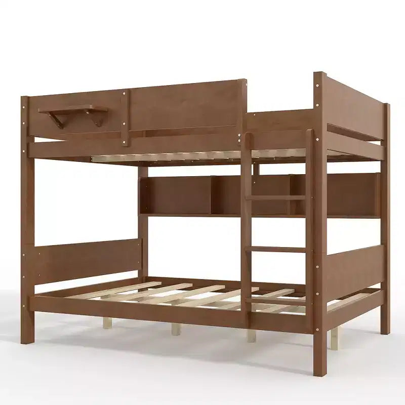 Litera con bandeja práctica, estructura de litera de madera maciza con estantes de almacenamiento y somier de láminas reforzado