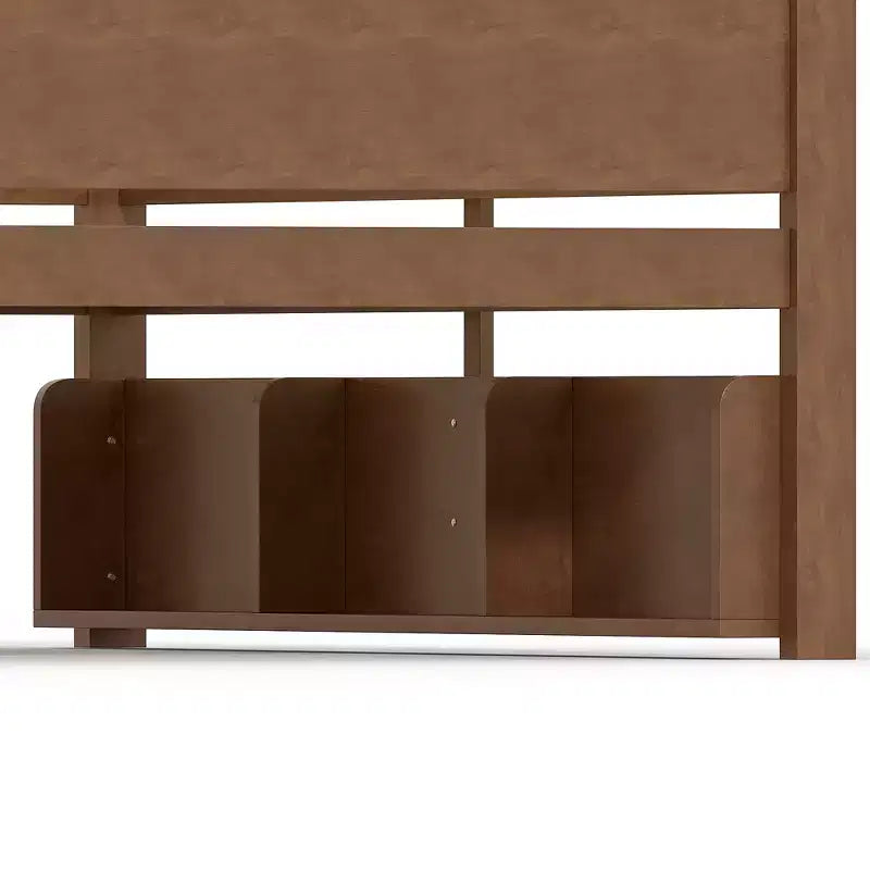 Litera con bandeja práctica, estructura de litera de madera maciza con estantes de almacenamiento y somier de láminas reforzado