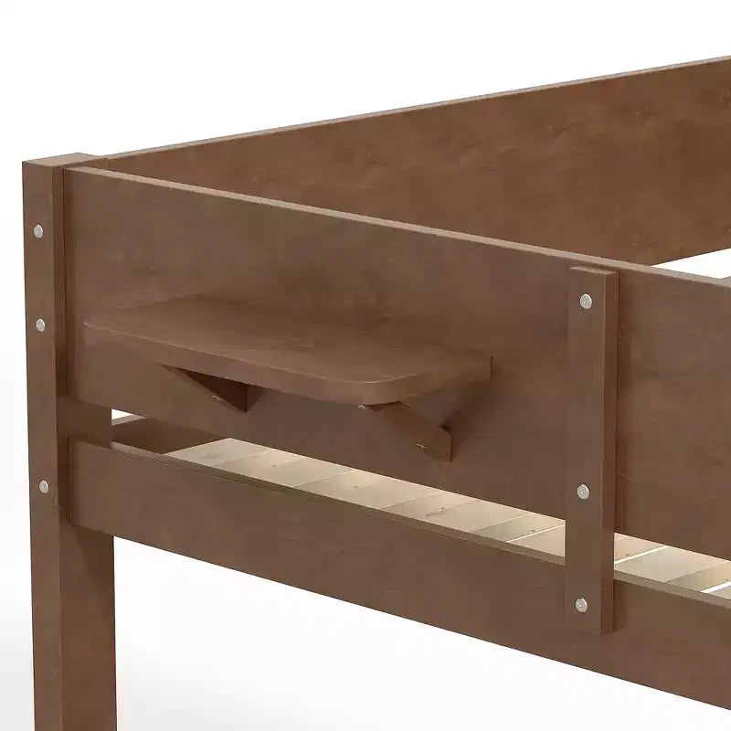 Litera con bandeja práctica, estructura de litera de madera maciza con estantes de almacenamiento y somier de láminas reforzado