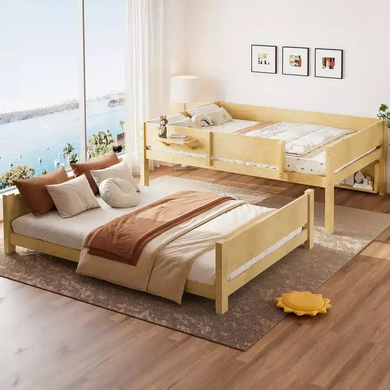Litera con bandeja práctica, estructura de litera de madera maciza con estantes de almacenamiento y somier de láminas reforzado