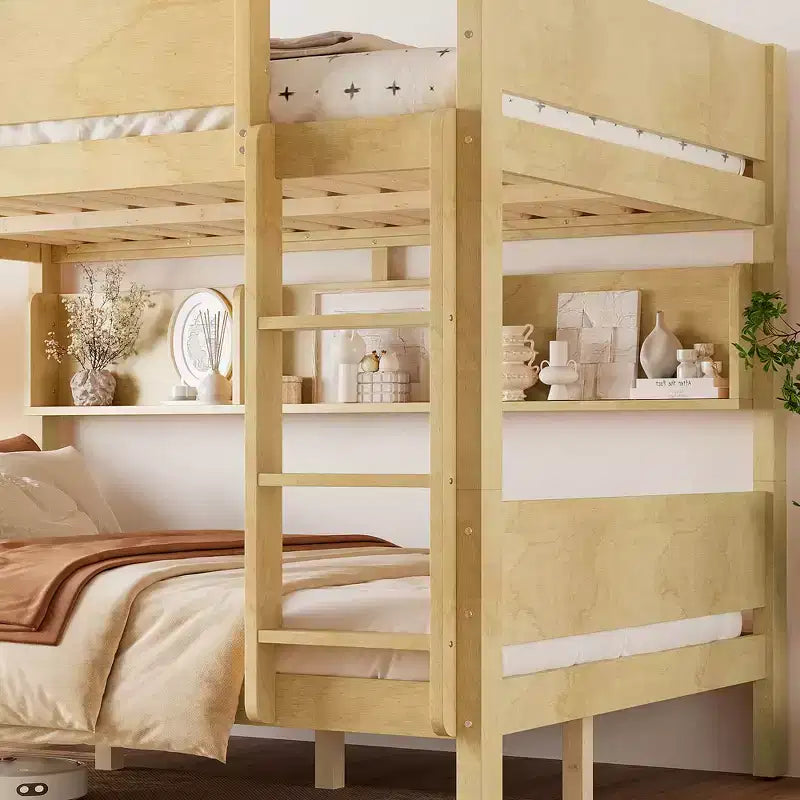 Litera con bandeja práctica, estructura de litera de madera maciza con estantes de almacenamiento y somier de láminas reforzado