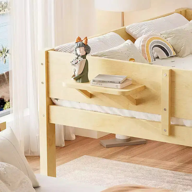 Litera con bandeja práctica, estructura de litera de madera maciza con estantes de almacenamiento y somier de láminas reforzado