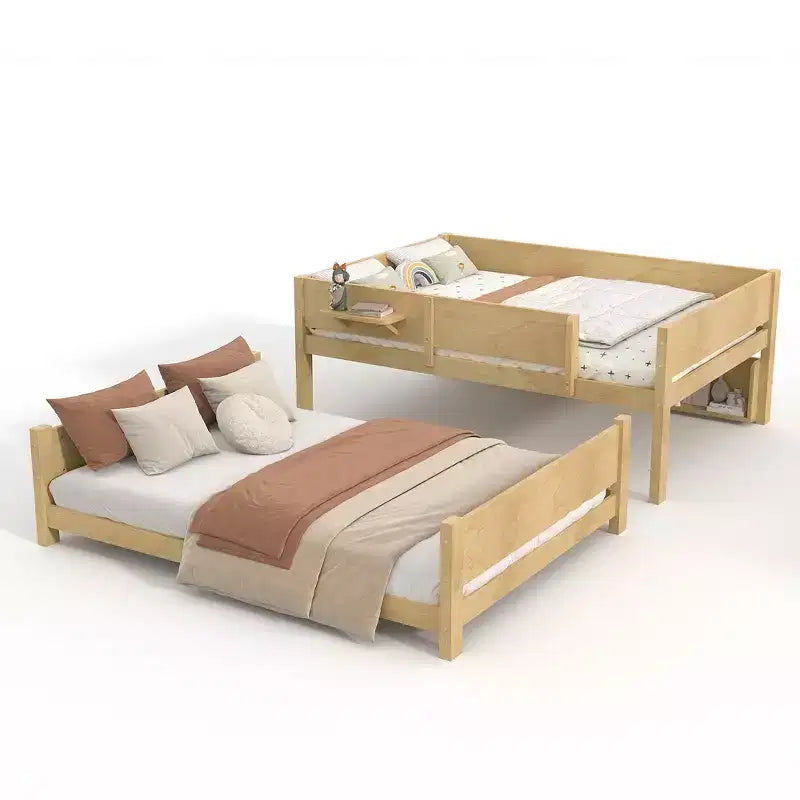 Litera con bandeja práctica, estructura de litera de madera maciza con estantes de almacenamiento y somier de láminas reforzado