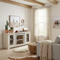 Mueble moderno para TV de 58 con almacenamiento de 2 puertas, consola multimedia de imitación piedra, centro de entretenimiento grande blanco para sala de estar