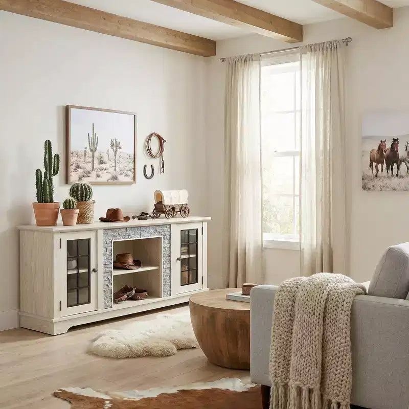 58 Moderner TV-Ständer mit Stauraum hinter 2 Türen, Medienkonsole in Steinoptik, großes weißes Entertainment-Center für das Wohnzimmer