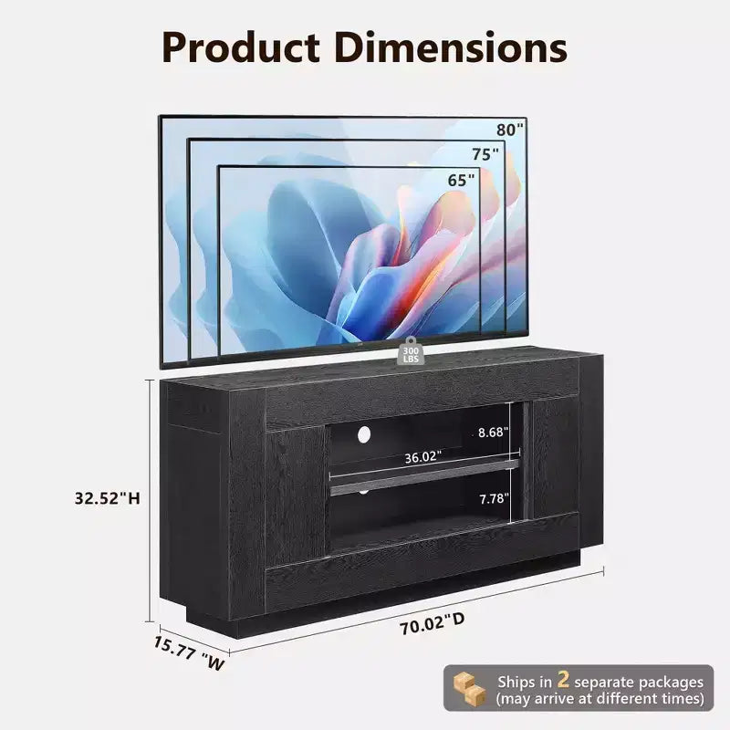 Meuble de divertissement de 70 pour téléviseurs jusqu’à 80, meuble TV moderne avec rangements ouverts et placards, console multimédia en bois épais pour le salon