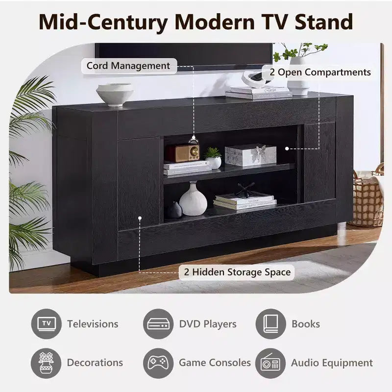 Meuble de divertissement de 70 pour téléviseurs jusqu’à 80, meuble TV moderne avec rangements ouverts et placards, console multimédia en bois épais pour le salon